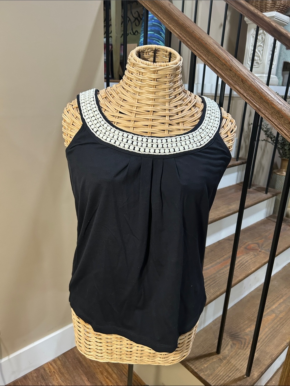 Talbots ladies small Black Sleeveless Tank with White Beaded Neckline